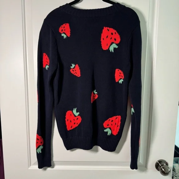 LOFT Strawberry V-Neck Sweater in Navy Blue Size X-Small - Picture 5 of 10